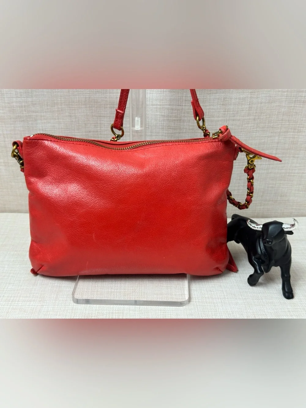 Red Woven Leather Crossbody Bag with Chain-Trim Strap